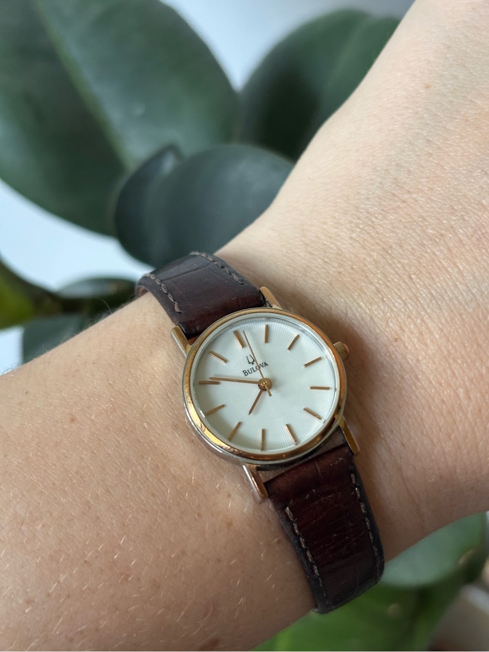 Bulova Classic Rose Gold Brass Minimalist Watch White Dial Brown Leather Strap